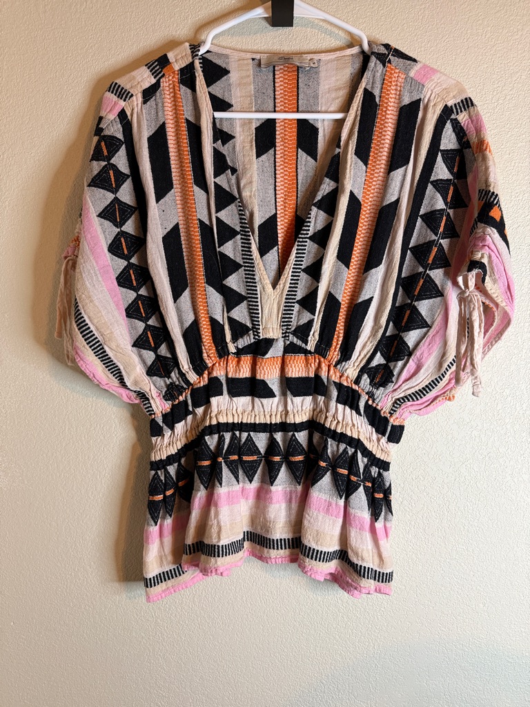 Devotion Twins - Small- Bohemian V-Neck Smocked Waist In Black, Pink & Cream